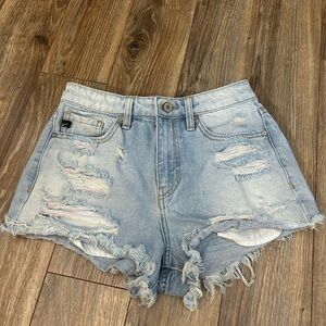Kancan Distressed Denim Shorts Ripped Frayed Hem Light Wash Casual